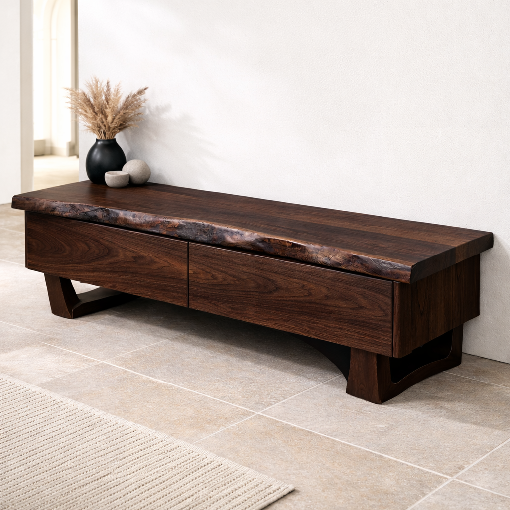 Solid Wood Entryway Bench with Drawers, Live Edge Storage Bench, Hallway Seating, Wooden Shoe Bench