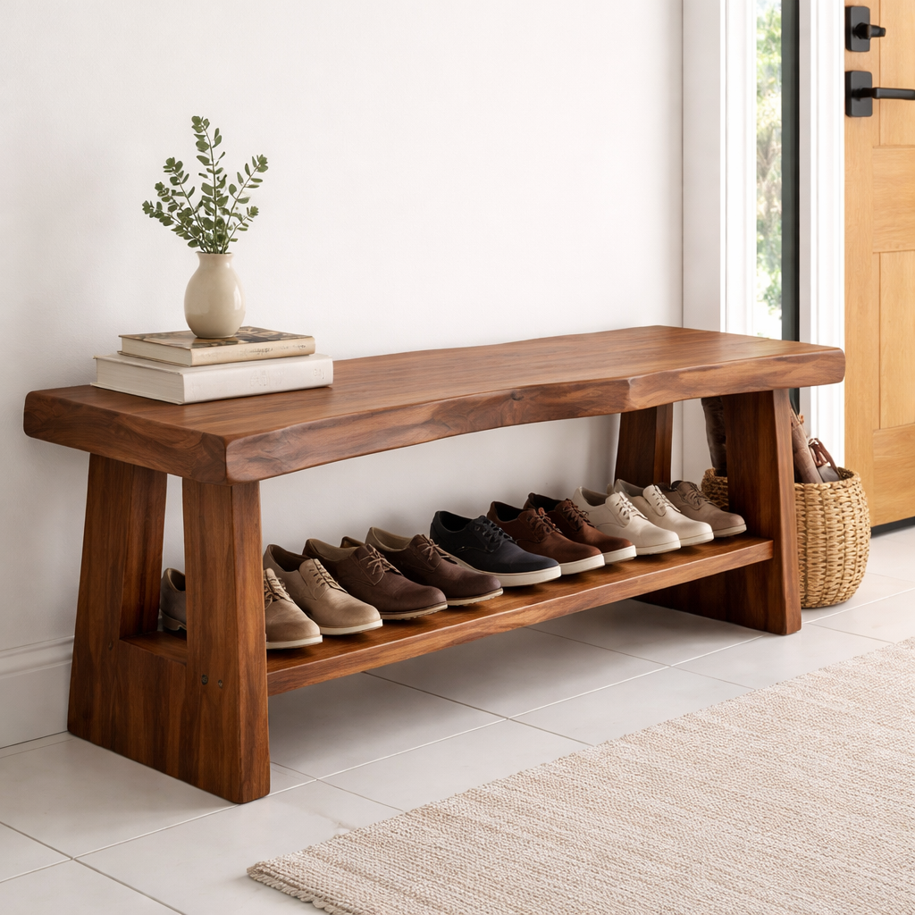 Solid Wood Entryway Shoe Bench with Open Shelf – Minimalist Storage Bench
