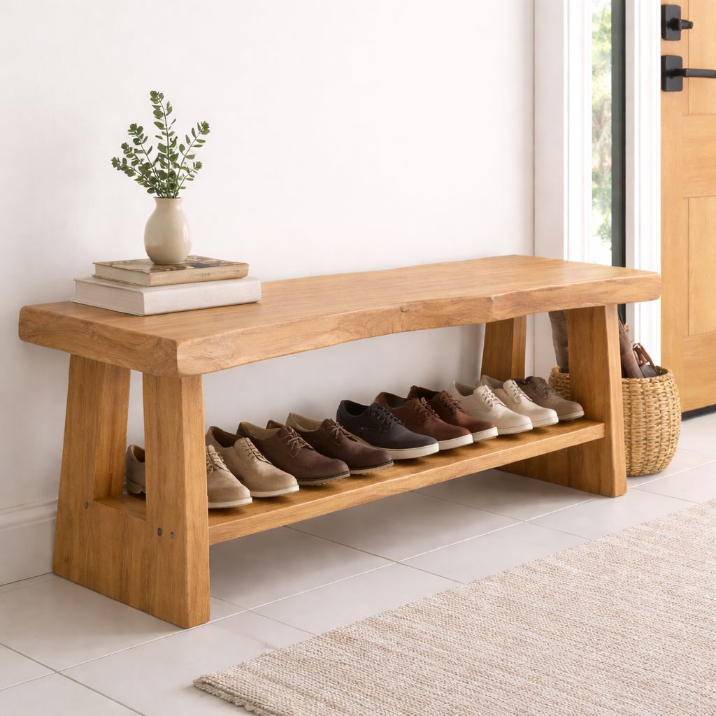 Solid Wood Entryway Shoe Bench with Open Shelf – Minimalist Storage Bench