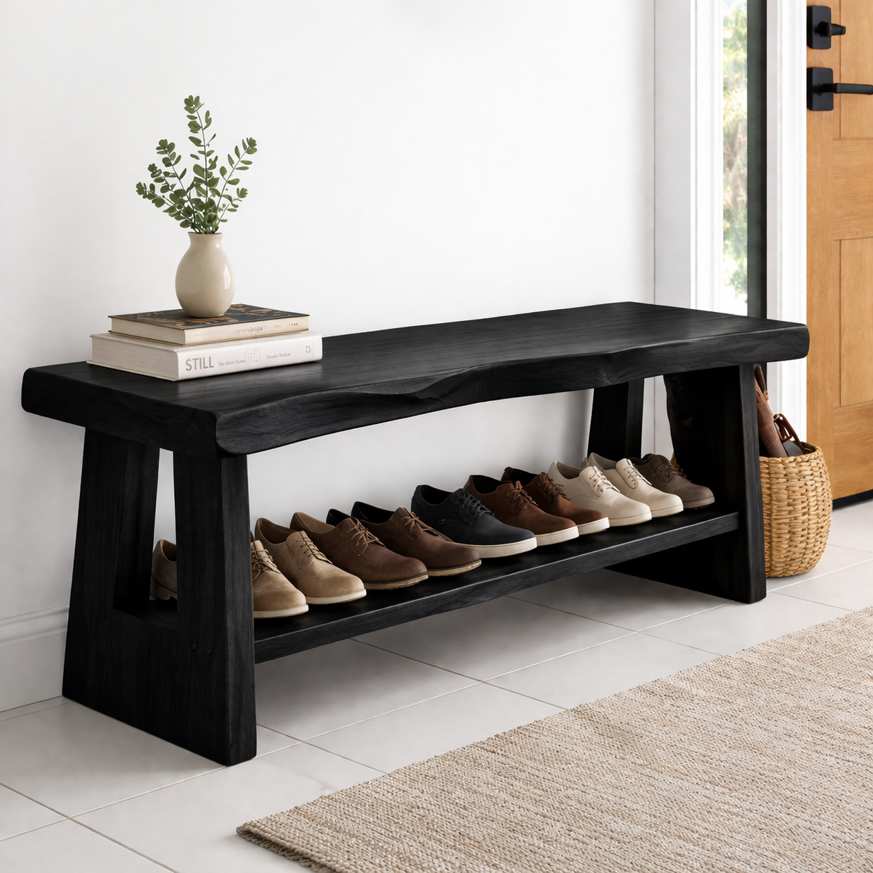 Solid Wood Entryway Shoe Bench with Open Shelf – Minimalist Storage Bench