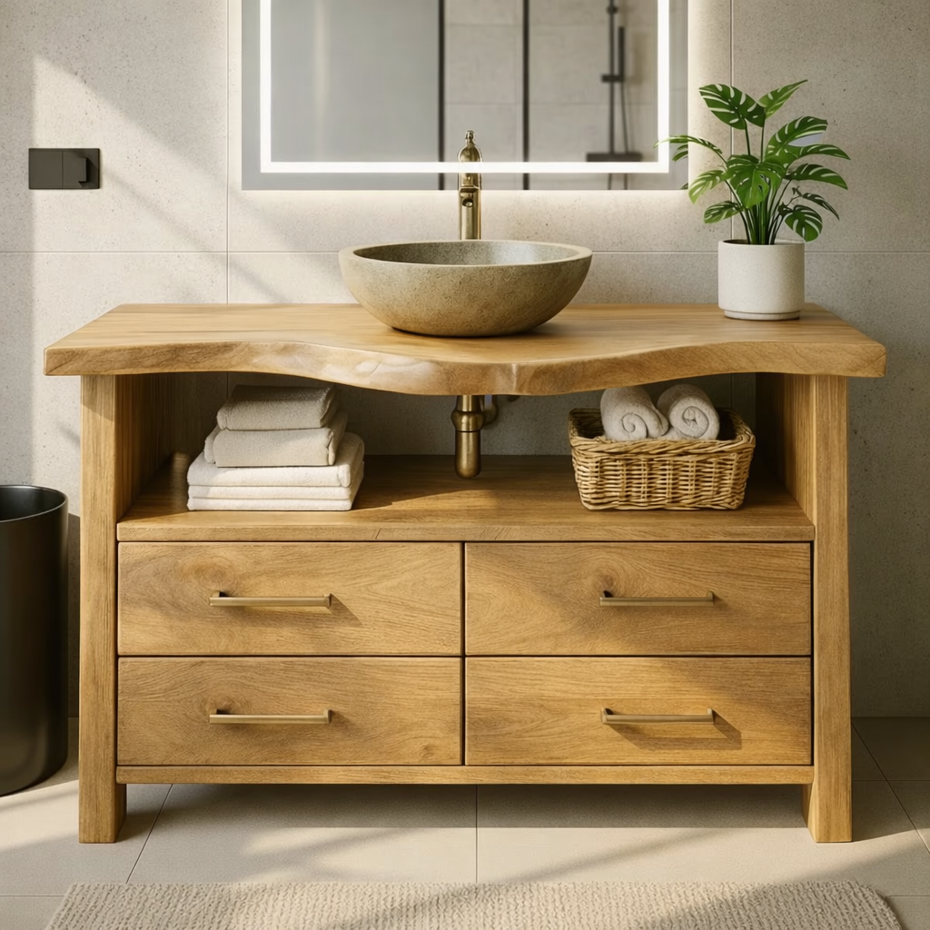 Live Edge Solid Wood Bathroom Vanity with 4 Drawers and Open Storage Shelf for Modern Rustic Interiors