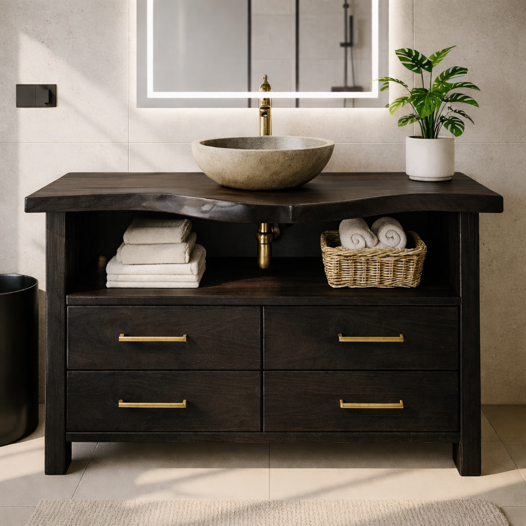 Live Edge Solid Wood Bathroom Vanity with 4 Drawers and Open Storage Shelf for Modern Rustic Interiors