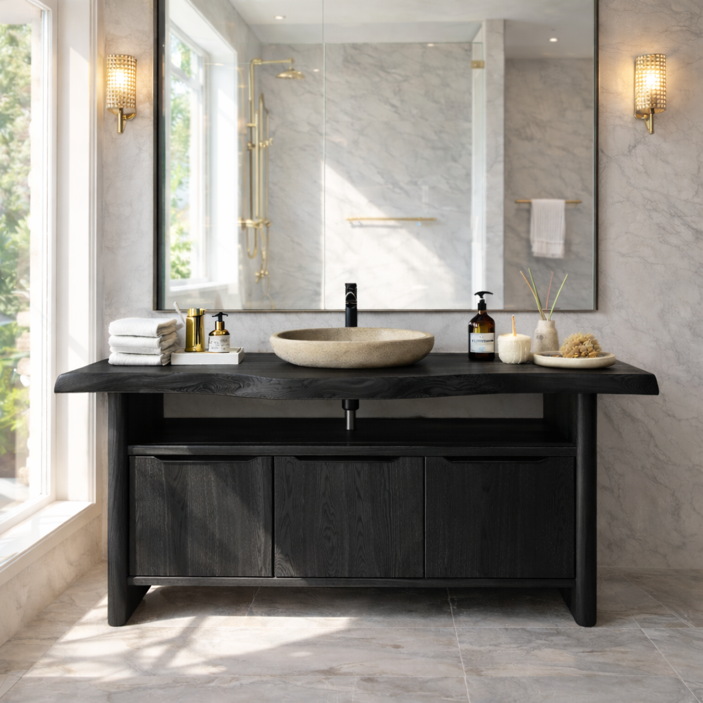 Live Edge Solid Wood Bathroom Vanity with Three Drawers and Open Shelf for Modern Luxury Bathrooms