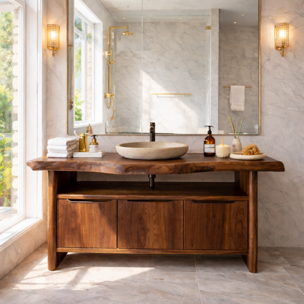 Live Edge Solid Wood Bathroom Vanity with Three Drawers and Open Shelf for Modern Luxury Bathrooms