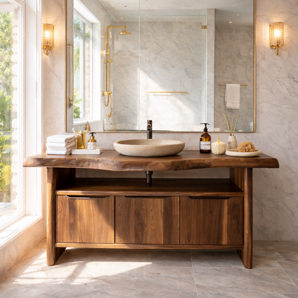 Live Edge Solid Wood Bathroom Vanity with Three Drawers and Open Shelf for Modern Luxury Bathrooms