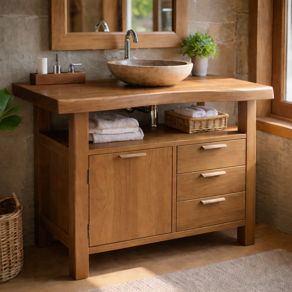Solid Wood Bathroom Vanity with Cabinet Door, Three Drawers and Open Shelf for Rustic Modern Bathrooms