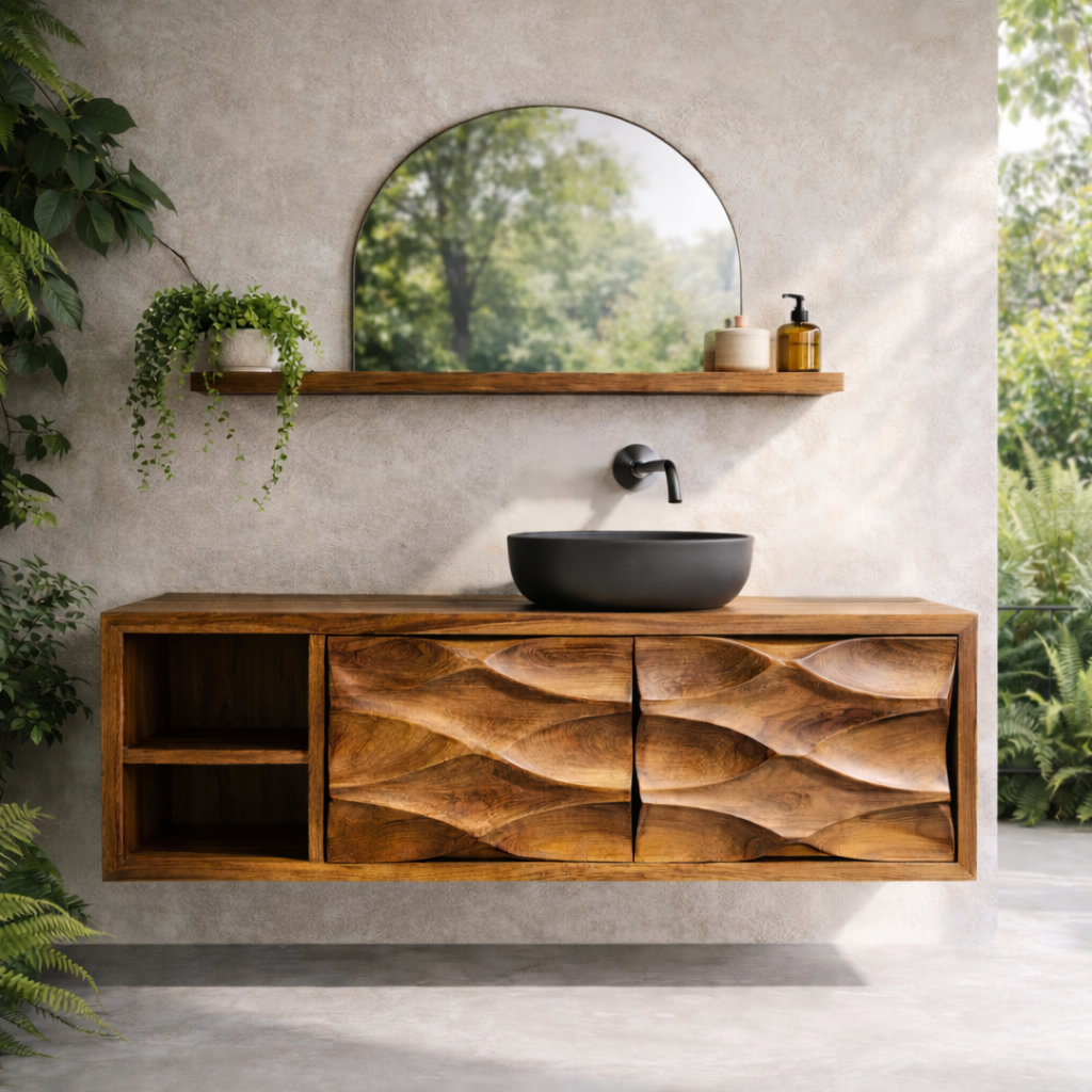 Floating Solid Wood Bathroom Vanity with Carved Double Doors and Open Shelf