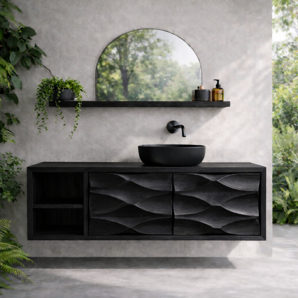 Floating Solid Wood Bathroom Vanity with Carved Double Doors and Open Shelf