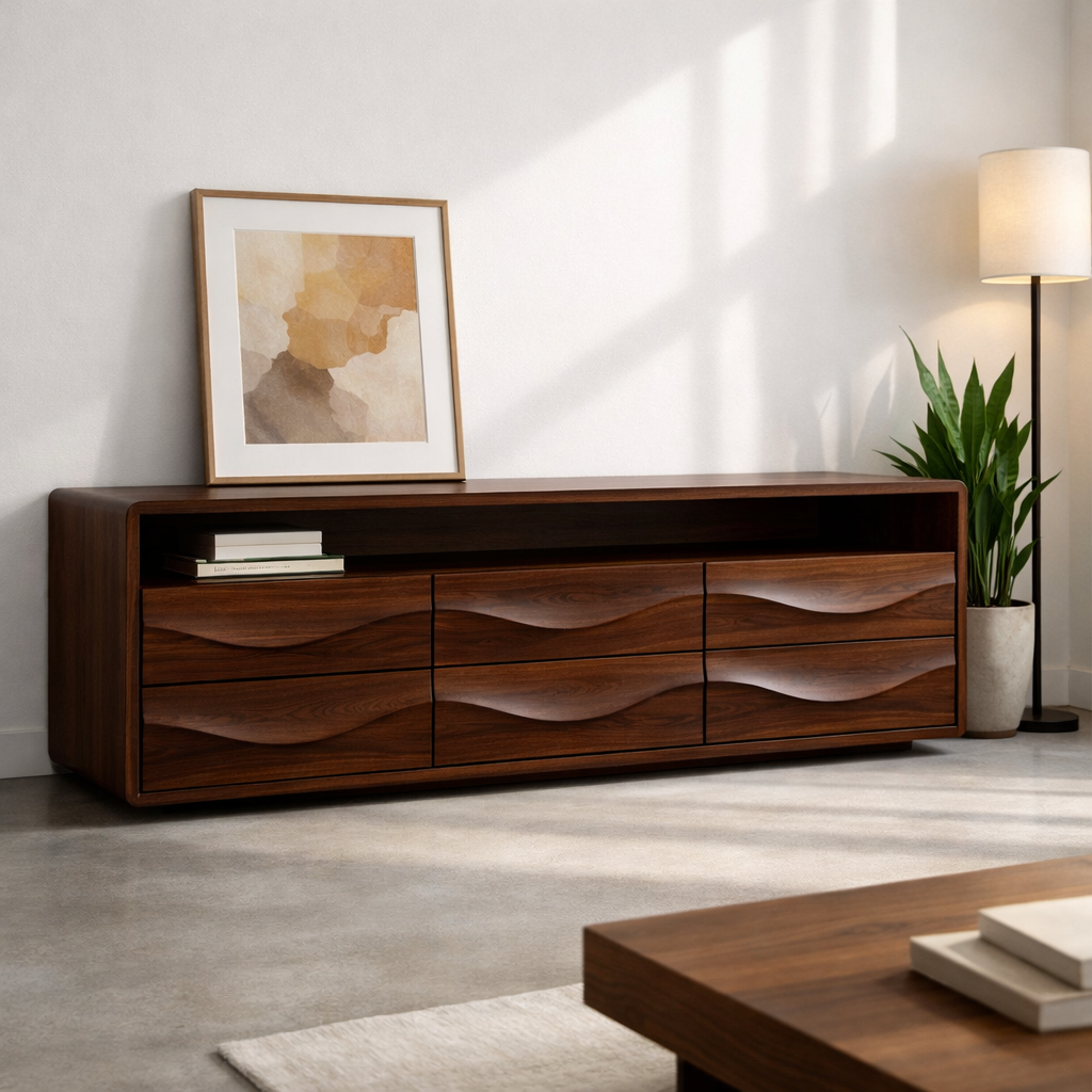 Solid Wood Console Table with Low Profile and Sculptural Wave Drawers
