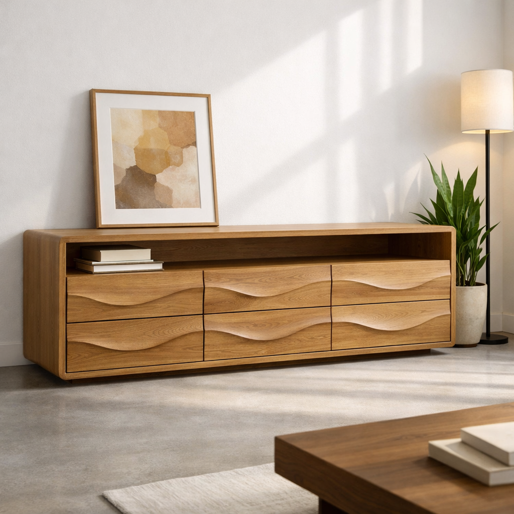 Solid Wood Console Table with Low Profile and Sculptural Wave Drawers