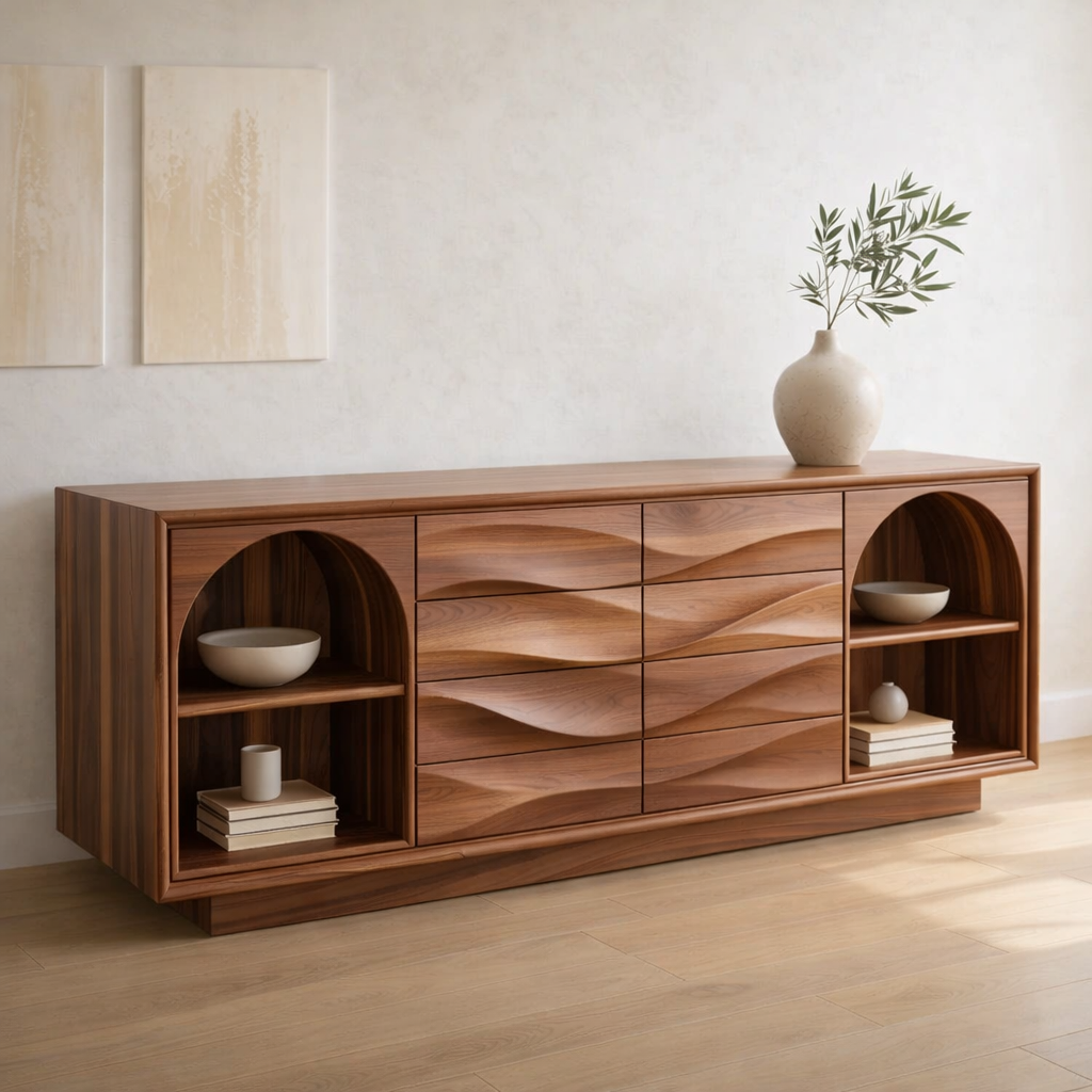 Solid Wood Console Table with Wave Drawer Front and Arched Shelf Storage for Modern Home
