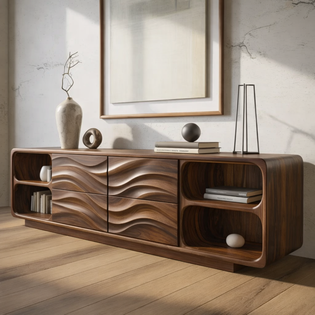 Solid Wood Console Table with Wave Carved Drawers and Open Shelf Design