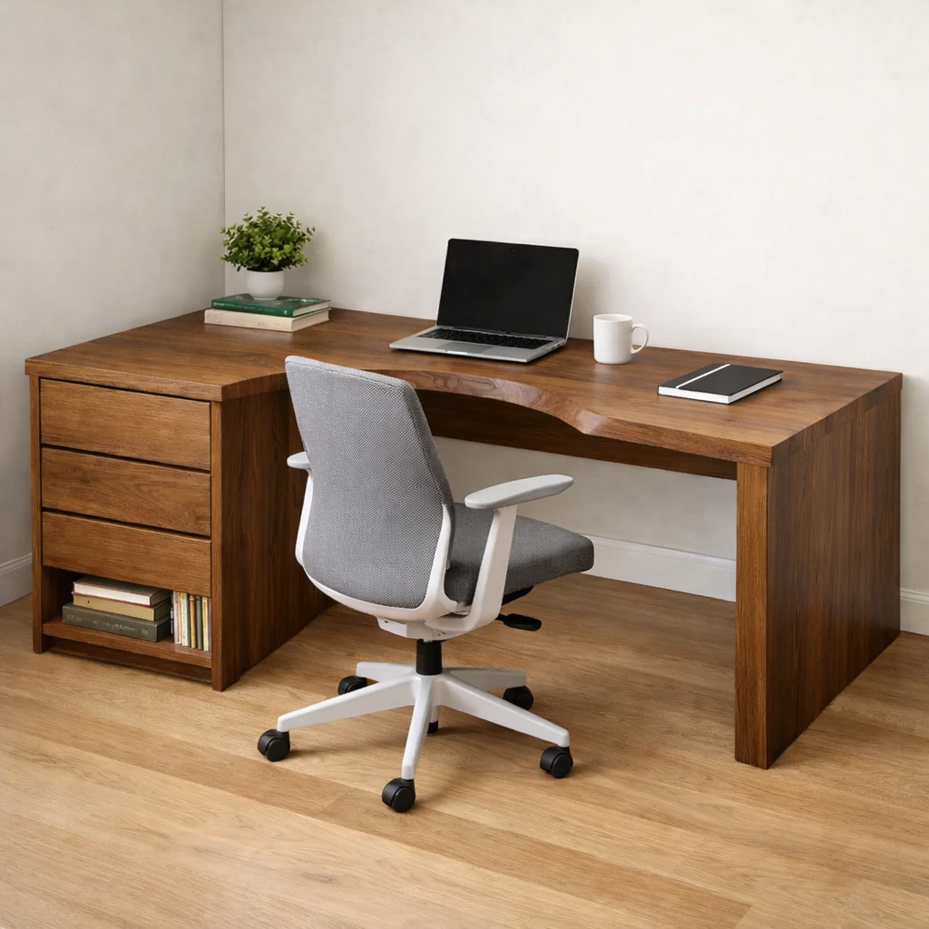 Solid Wood Study Desk with Storage Drawers and Curved Ergonomic Cutout