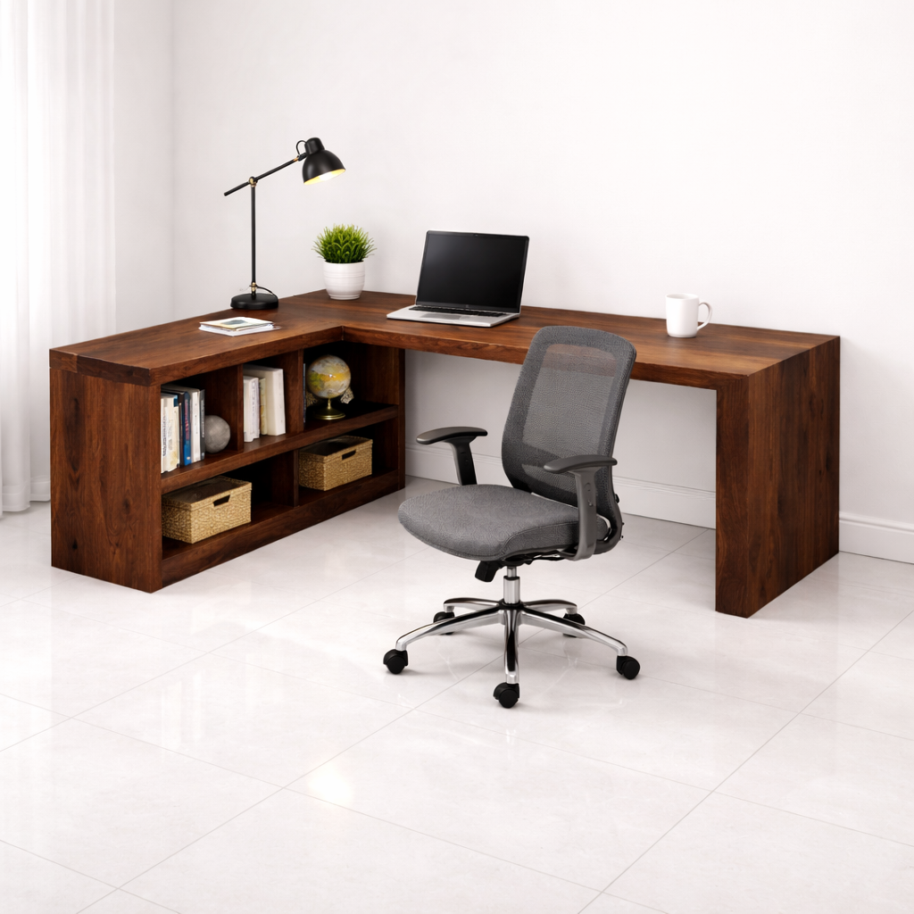 Solid Wood L-Shaped Desk with Open Shelves for Home Office