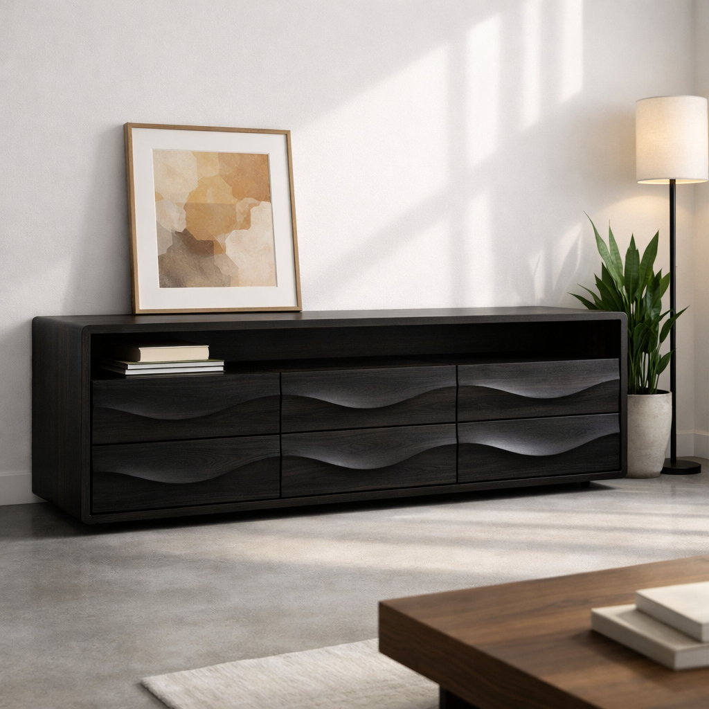 Solid Wood Console Table with Low Profile and Sculptural Wave Drawers