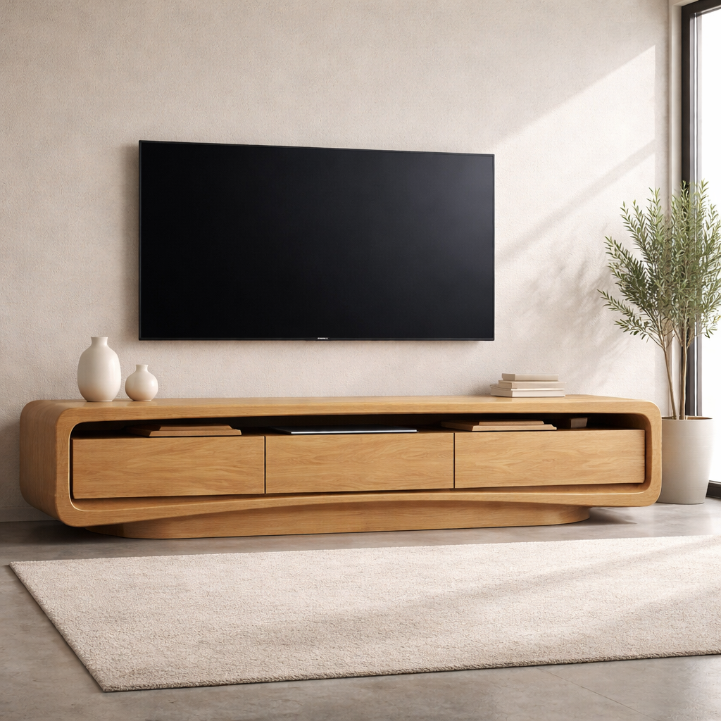Solid Wood Curved TV Stand with Storage Drawers for Modern Living Room