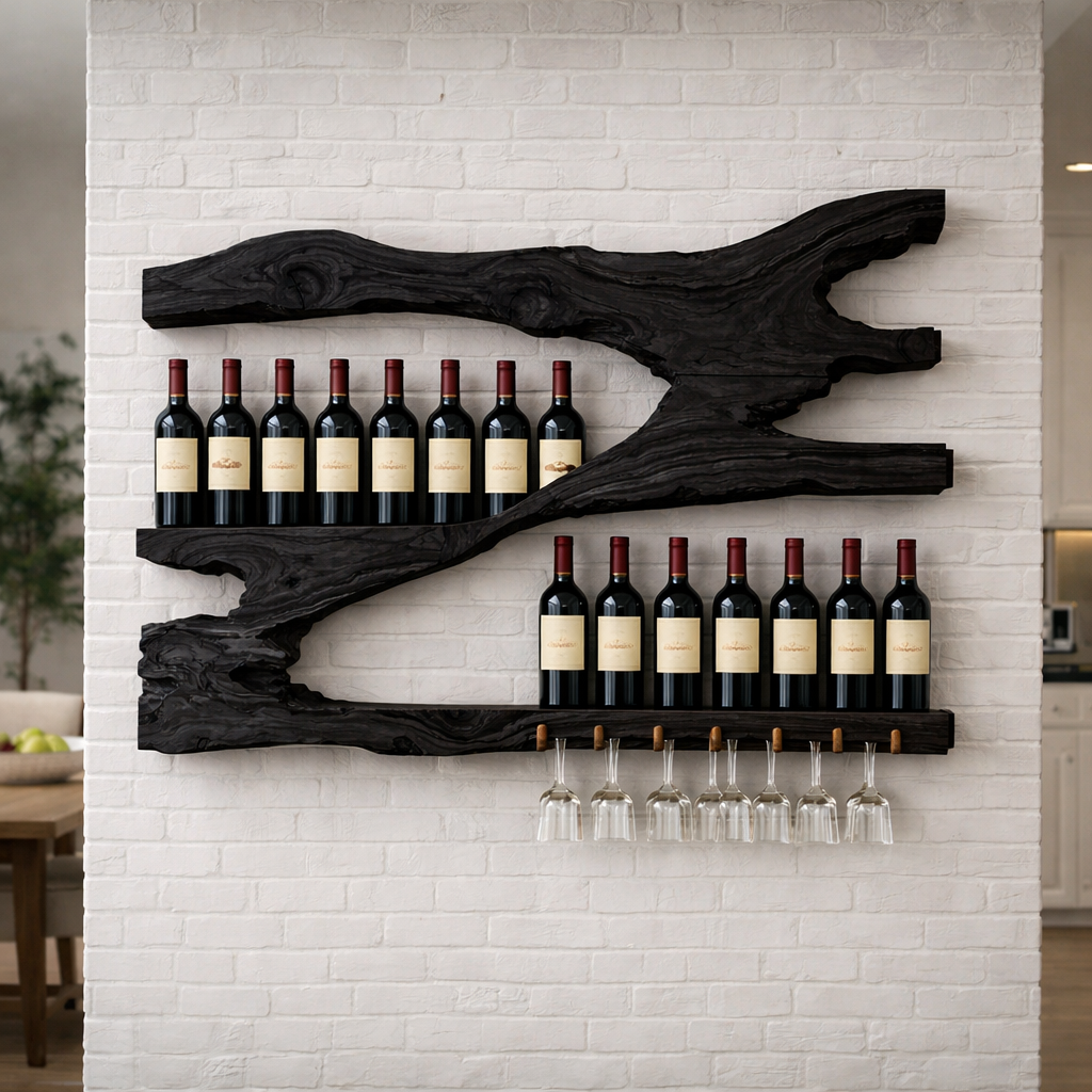 Live Edge Solid Wood Wine Rack Wall Shelf with Glass Holder