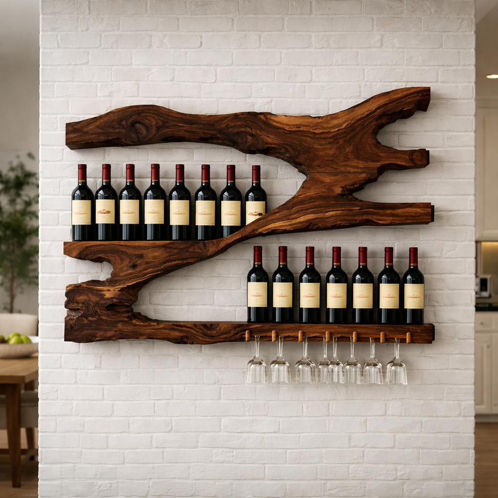 Live Edge Solid Wood Wine Rack Wall Shelf with Glass Holder
