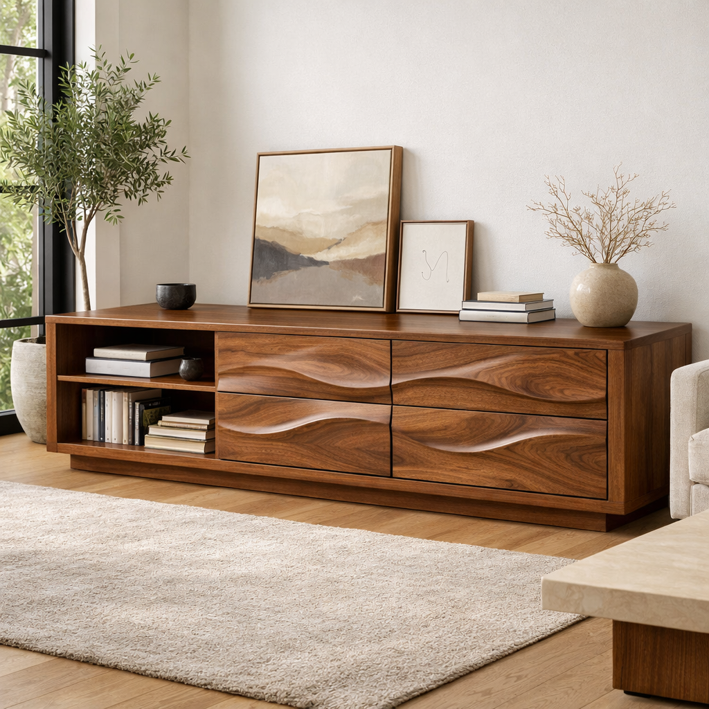 Solid Wood Wave Drawer TV Stand with Open Shelf for Modern Living Room