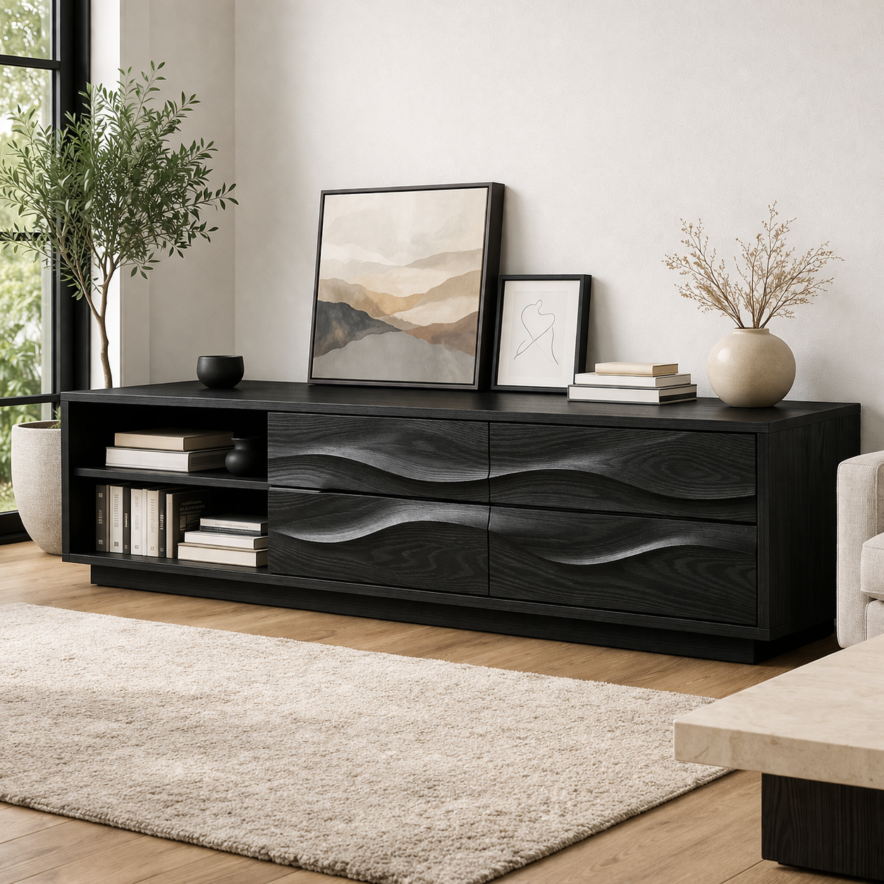 Solid Wood Wave Drawer TV Stand with Open Shelf for Modern Living Room
