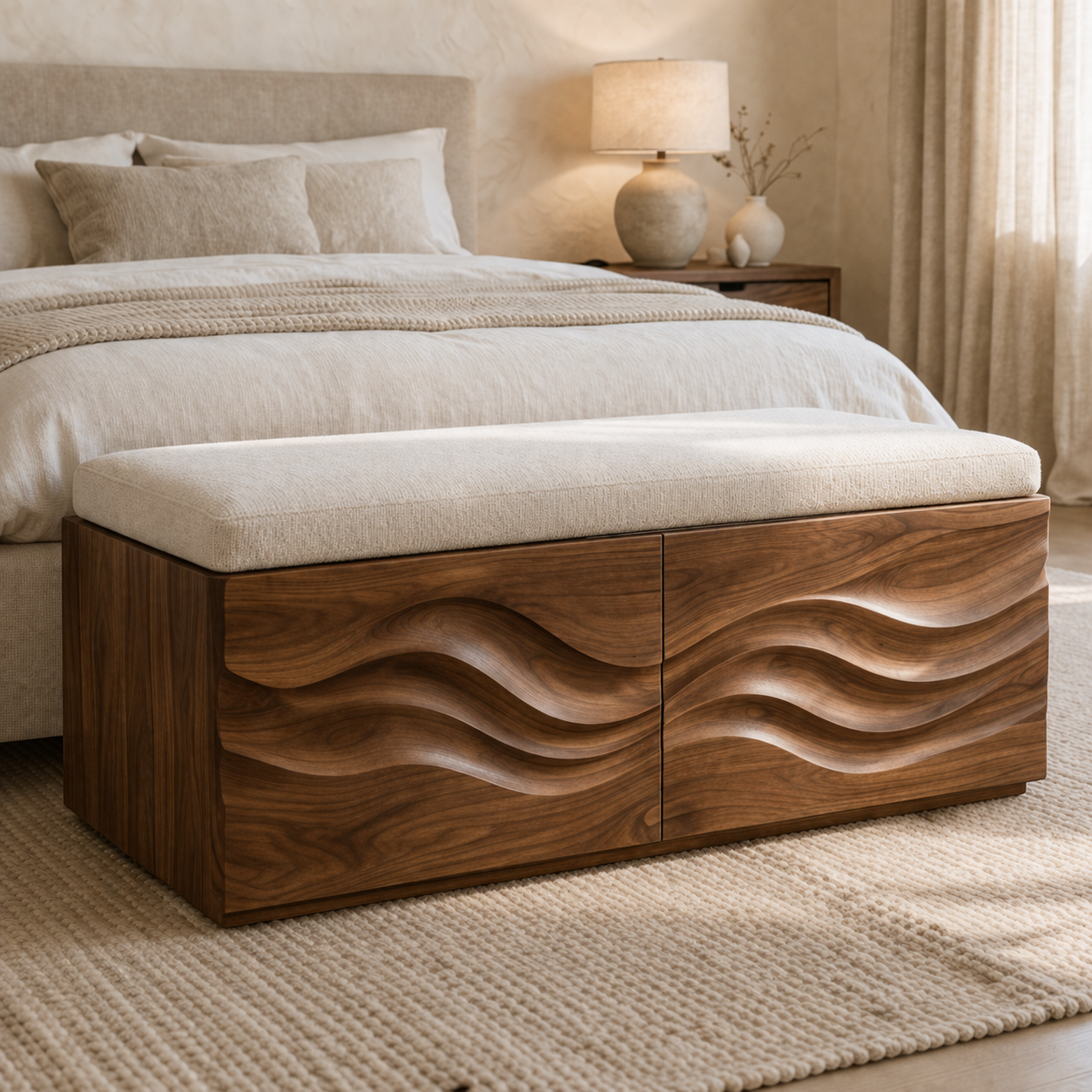 Solid Wood Storage Bench with Wave Carved Front for Bedroom or Entryway