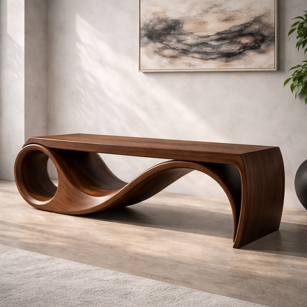 Solid Wood Sculptural Bench with Curved Wave Base Modern Design