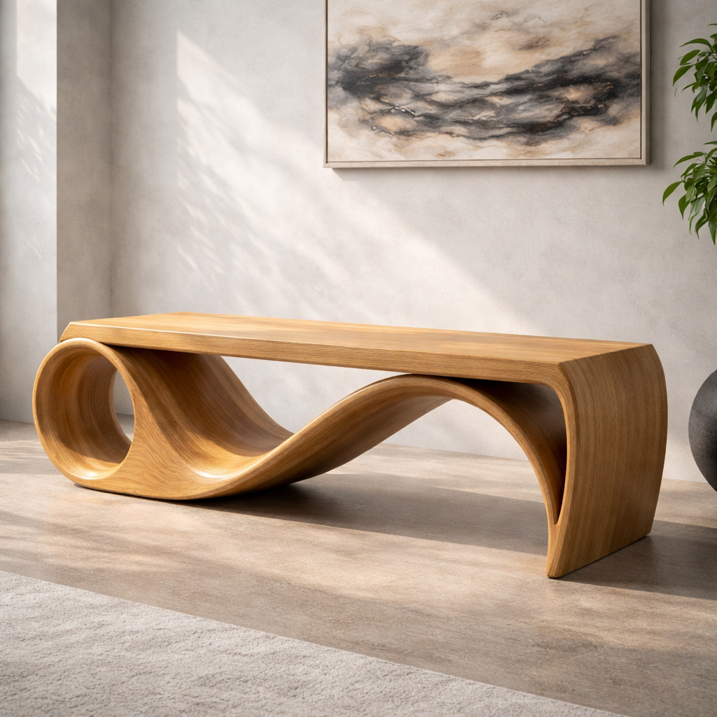 Solid Wood Sculptural Bench with Curved Wave Base Modern Design