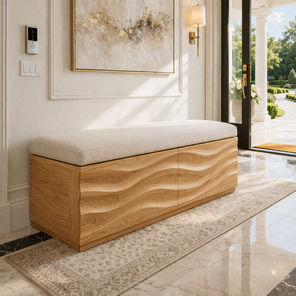 Solid Wood Storage Bench with Upholstered Top and Wave Carved Design