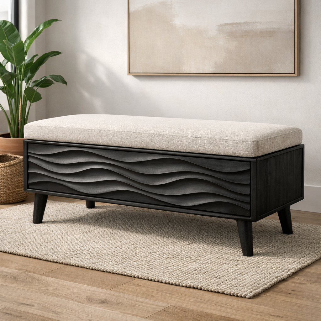 Solid Wood Storage Bench with Upholstered Seat and Wave Carved Front
