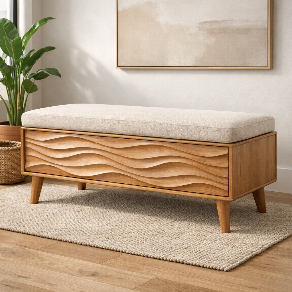 Solid Wood Storage Bench with Upholstered Seat and Wave Carved Front