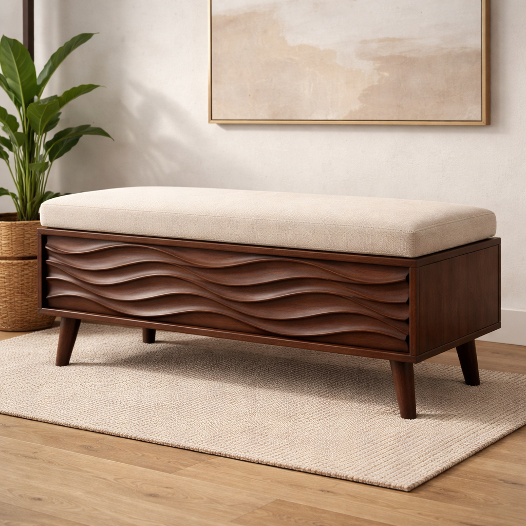 Solid Wood Storage Bench with Upholstered Seat and Wave Carved Front