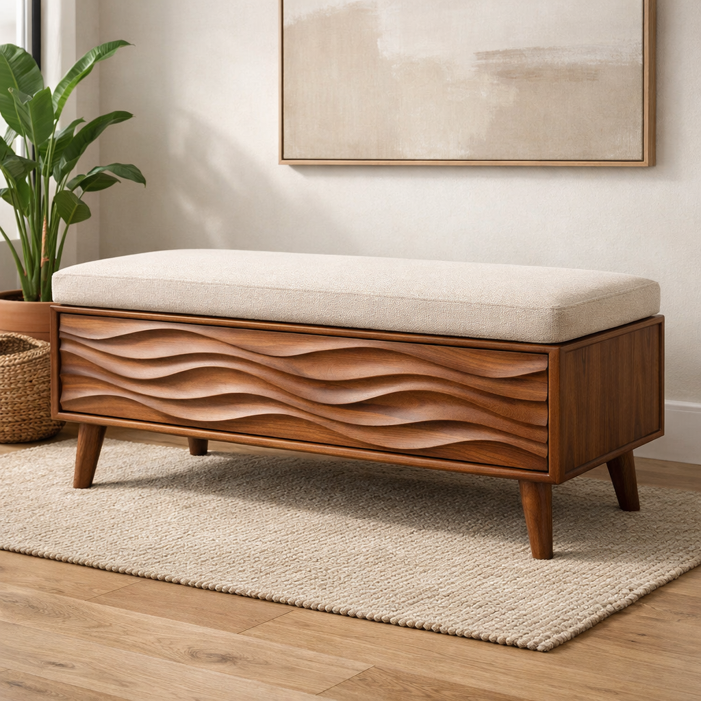 Solid Wood Storage Bench with Upholstered Seat and Wave Carved Front