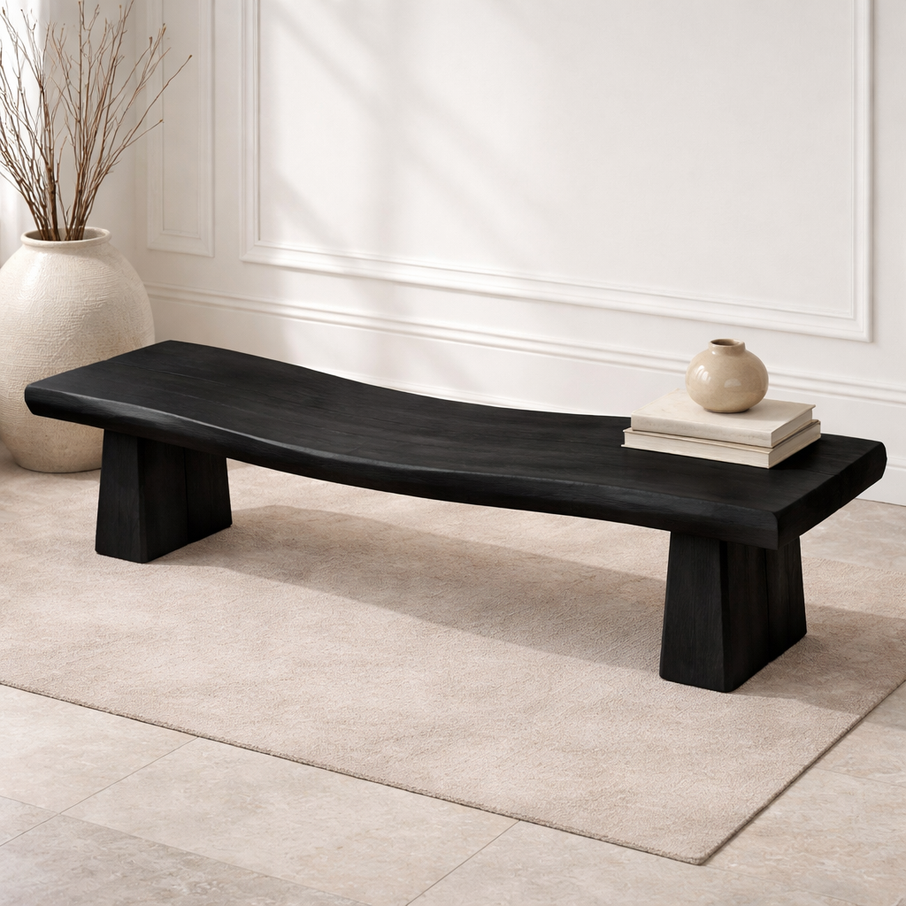 Handcrafted Solid Wood Curved Bench with Sculptural Pedestal Legs