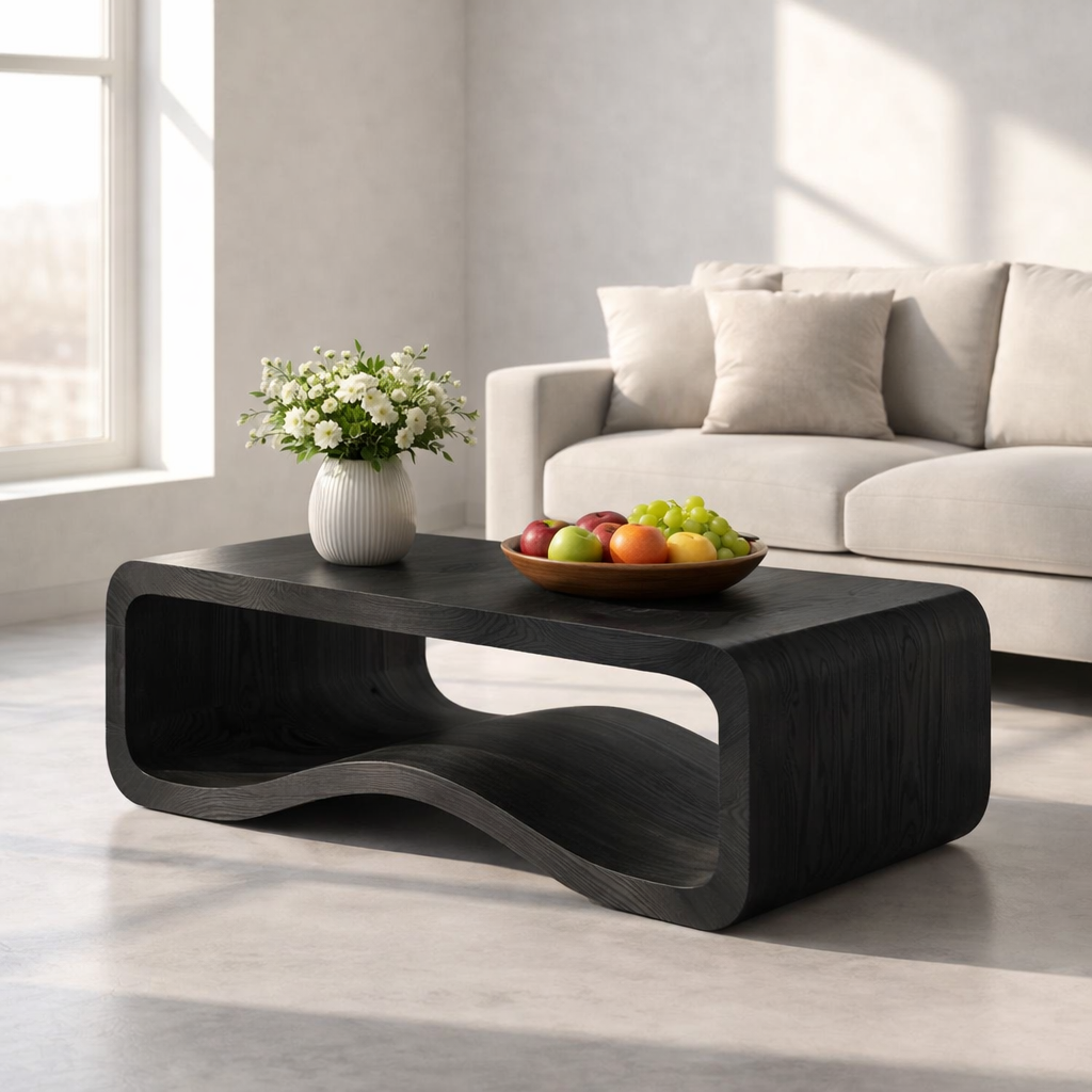 Solid Wood Sculptural Coffee Table with Open Curved Shelf