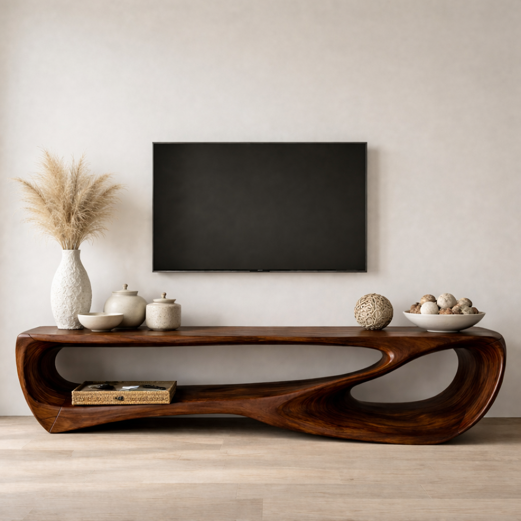 Handcrafted Solid Wood Sculptural TV Stand with Open Shelf Design