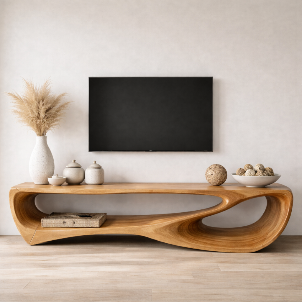 Handcrafted Solid Wood Sculptural TV Stand with Open Shelf Design