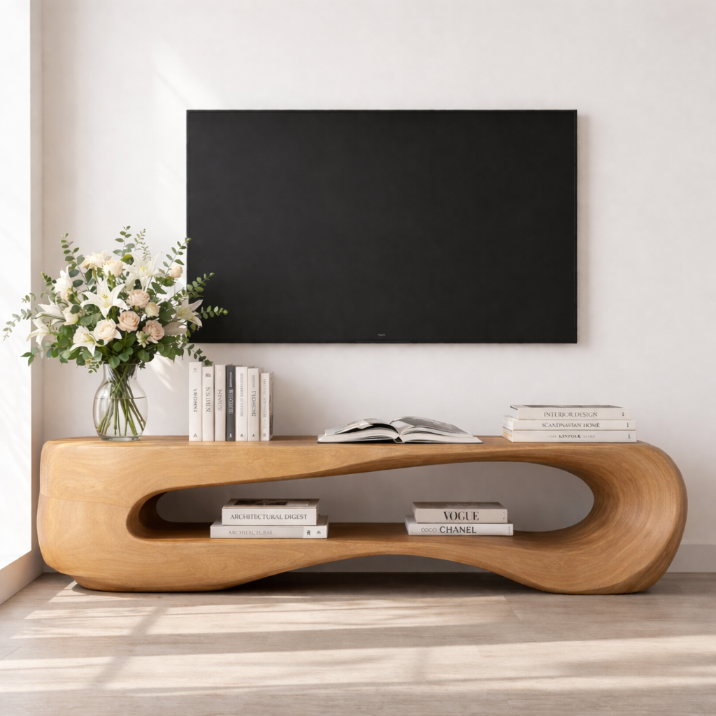 Solid Wood Sculptural TV Stand with Open Shelf and Organic Design