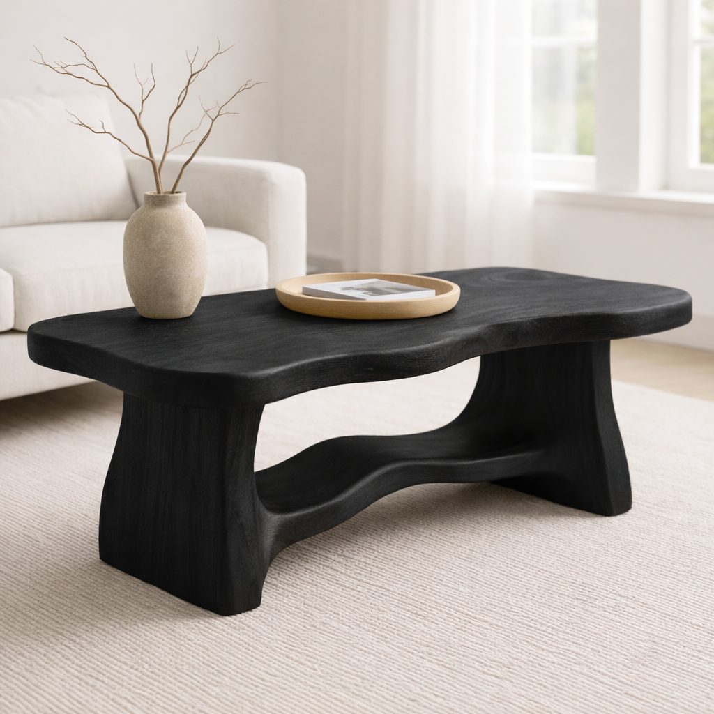 Solid Wood Coffee Table with Organic Curved Base – Rustic Modern Living Room Table