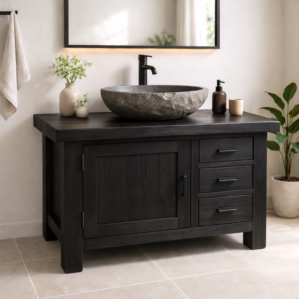 Natural Solid Wood Bathroom Vanity with Single Door and Three Drawers