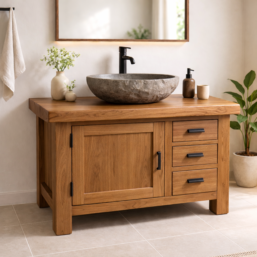 Natural Solid Wood Bathroom Vanity with Single Door and Three Drawers