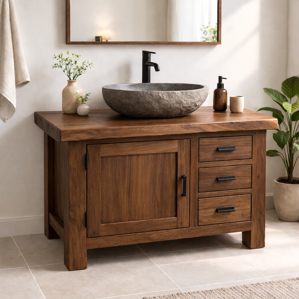 Natural Solid Wood Bathroom Vanity with Single Door and Three Drawers