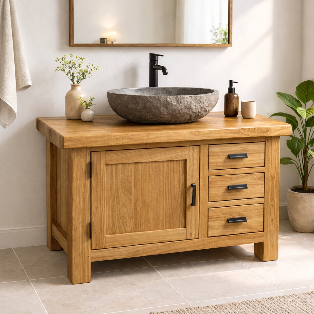 Natural Solid Wood Bathroom Vanity with Single Door and Three Drawers