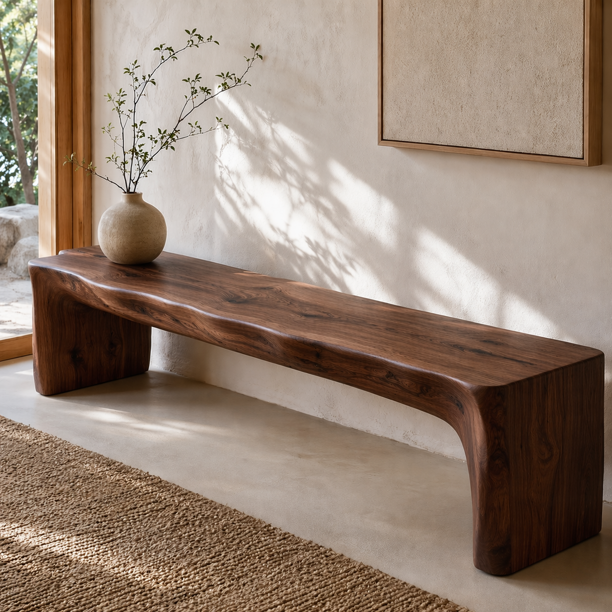 HandcraftedLive Edge Solid Wood Bench, Rustic Entryway Seat, Minimalist Organic Modern Furniture