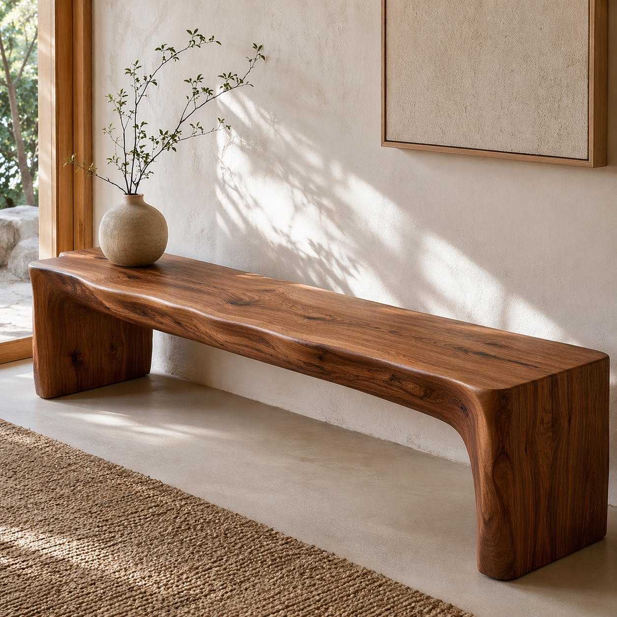 HandcraftedLive Edge Solid Wood Bench, Rustic Entryway Seat, Minimalist Organic Modern Furniture
