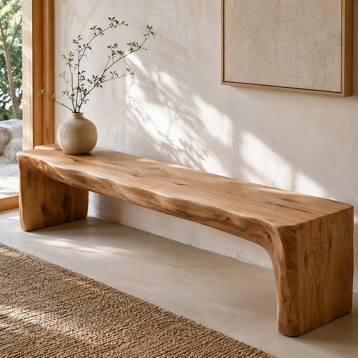 HandcraftedLive Edge Solid Wood Bench, Rustic Entryway Seat, Minimalist Organic Modern Furniture