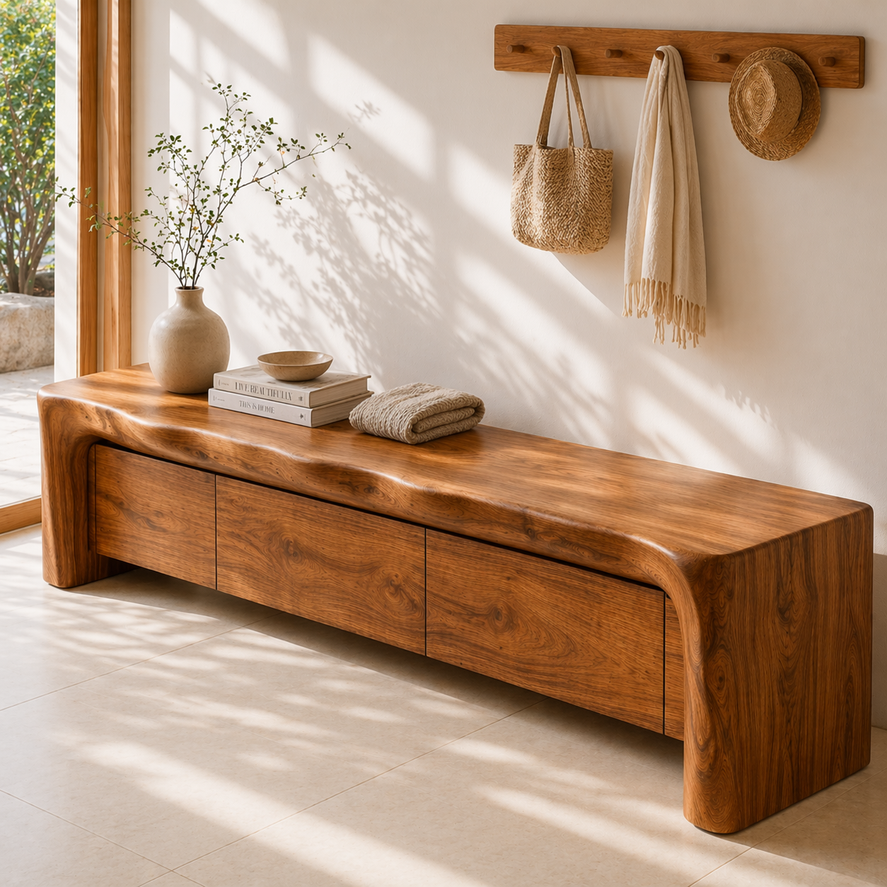 Live Edge Entryway Bench with Storage, Rustic Solid Wood Shoe Bench with Drawers