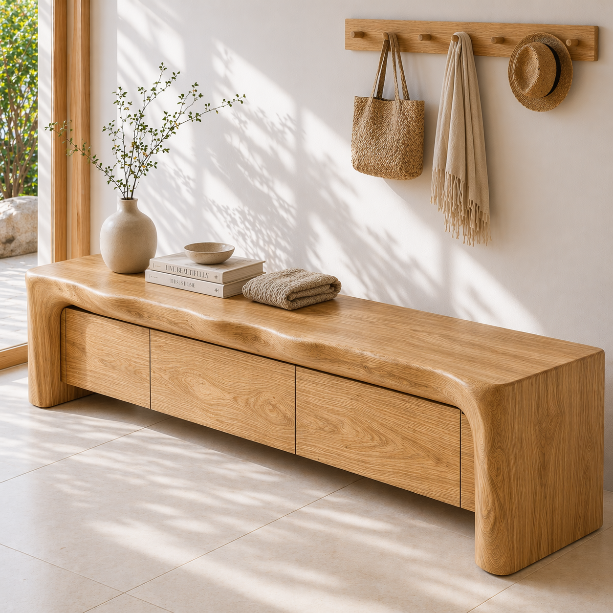 Live Edge Entryway Bench with Storage, Rustic Solid Wood Shoe Bench with Drawers