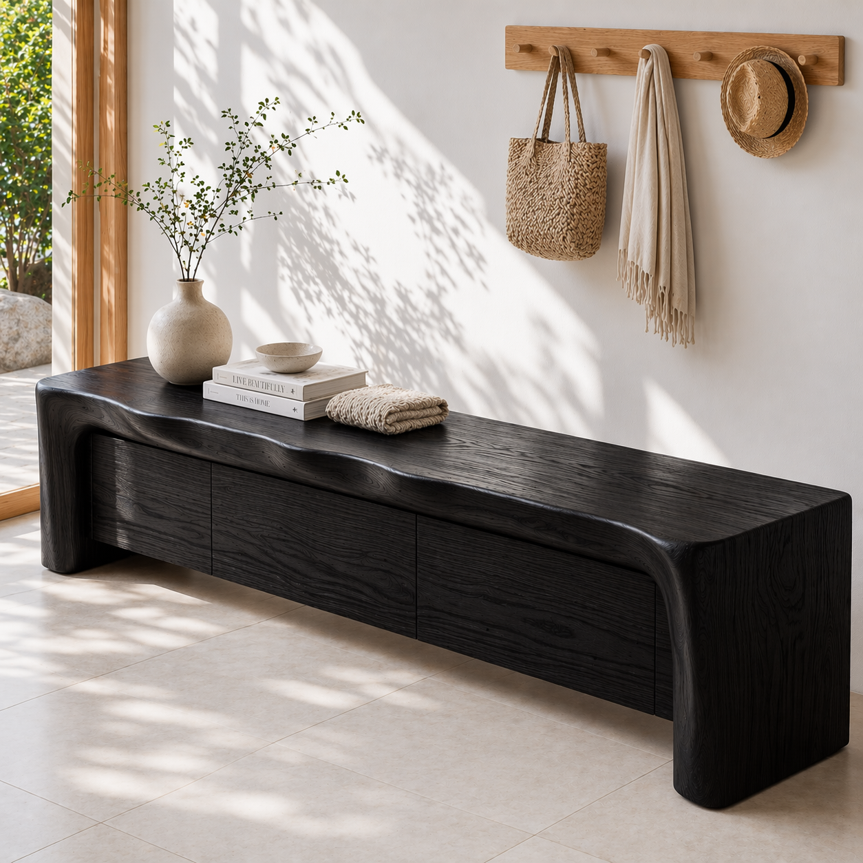Live Edge Entryway Bench with Storage, Rustic Solid Wood Shoe Bench with Drawers