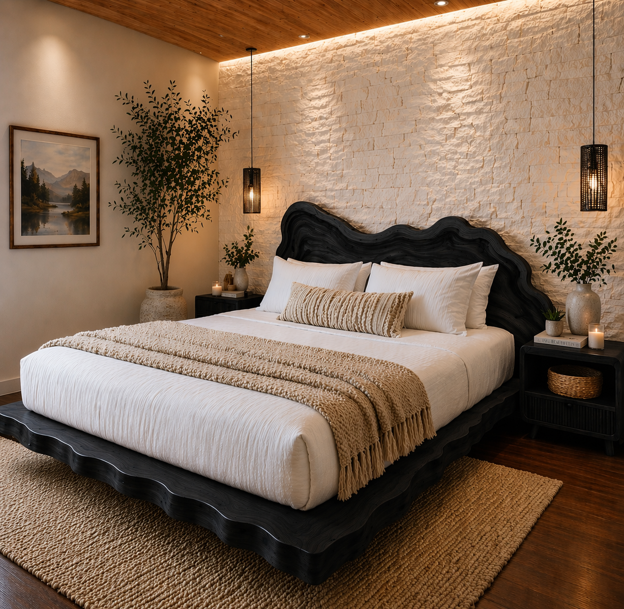 Live Edge Solid Wood Platform Bed Frame, Organic Wavy Headboard Furniture