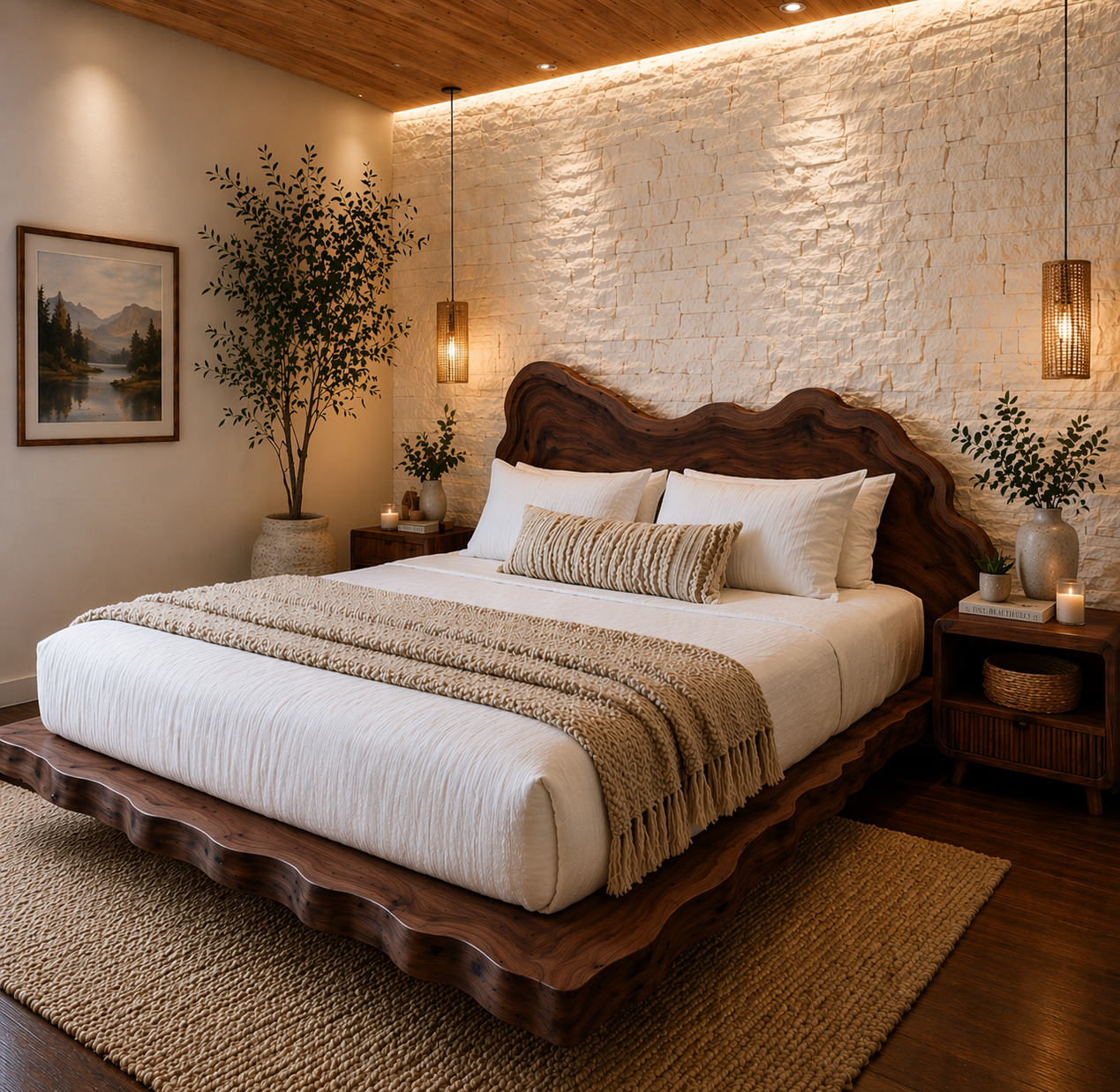 Live Edge Solid Wood Platform Bed Frame, Organic Wavy Headboard Furniture